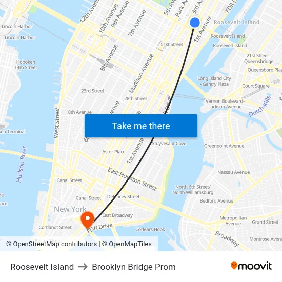 Roosevelt Island to Brooklyn Bridge Prom map