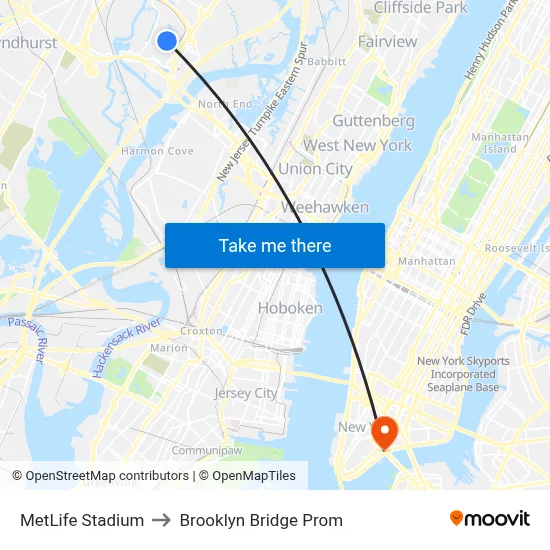 MetLife Stadium to Brooklyn Bridge Prom map