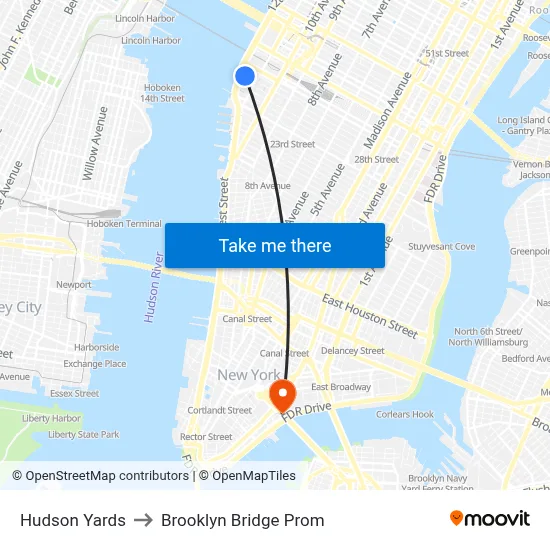 Hudson Yards to Brooklyn Bridge Prom map