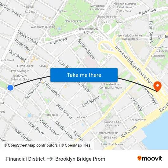 Financial District to Brooklyn Bridge Prom map