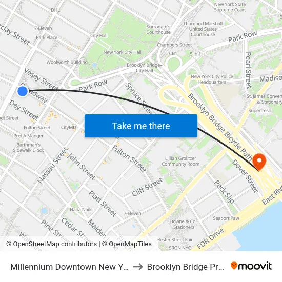 Millennium Downtown New York to Brooklyn Bridge Prom map