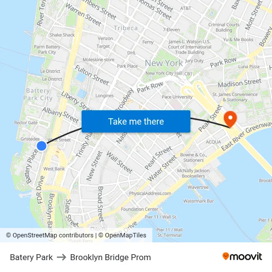 Batery Park to Brooklyn Bridge Prom map