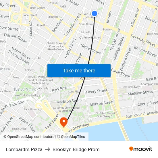 Lombardi's Pizza to Brooklyn Bridge Prom map