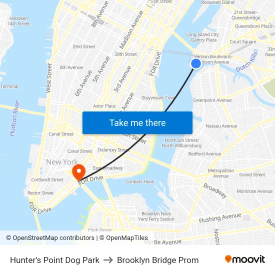 Hunter's Point Dog Park to Brooklyn Bridge Prom map