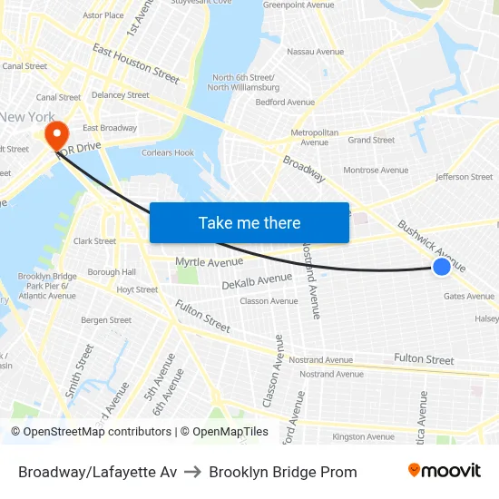 Broadway/Lafayette Av to Brooklyn Bridge Prom map