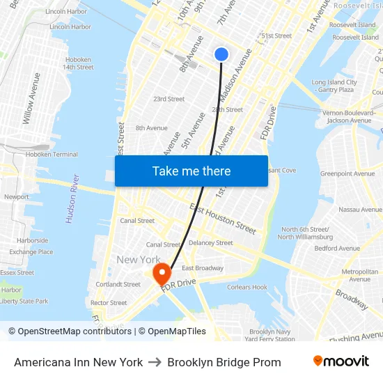 Americana Inn New York to Brooklyn Bridge Prom map