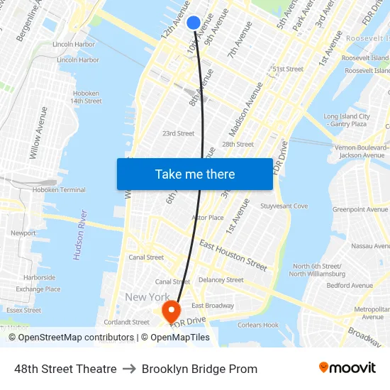 48th Street Theatre to Brooklyn Bridge Prom map