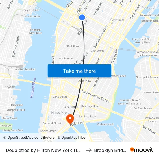 Doubletree by Hilton New York Times Square West to Brooklyn Bridge Prom map