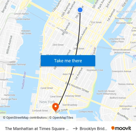 The Manhattan at Times Square Hotel, New York to Brooklyn Bridge Prom map