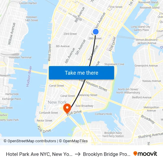 Hotel Park Ave NYC, New York to Brooklyn Bridge Prom map