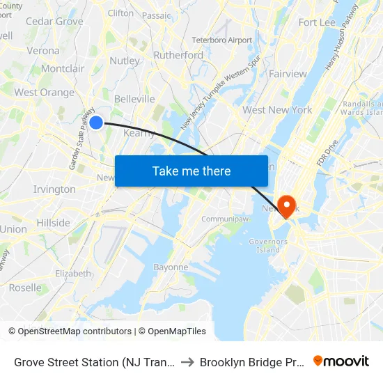 Grove Street Station (NJ Transit) to Brooklyn Bridge Prom map