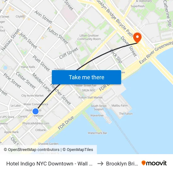 Hotel Indigo NYC Downtown - Wall Street by IHG, New York to Brooklyn Bridge Prom map