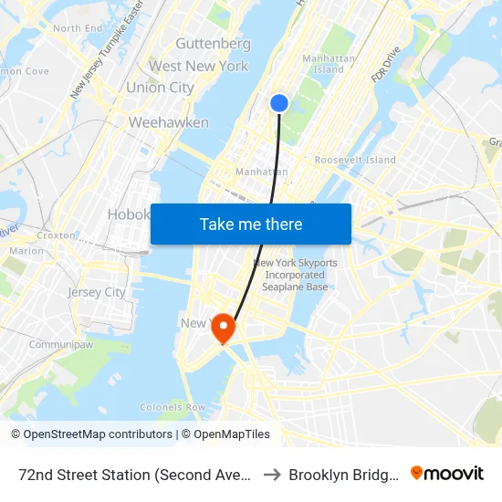 72nd Street Station (Second Avenue Subway) to Brooklyn Bridge Prom map