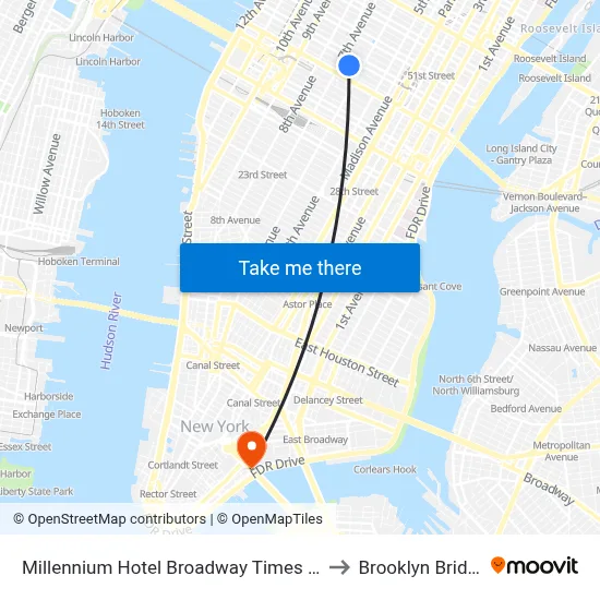 Millennium Hotel Broadway Times Square, New York to Brooklyn Bridge Prom map