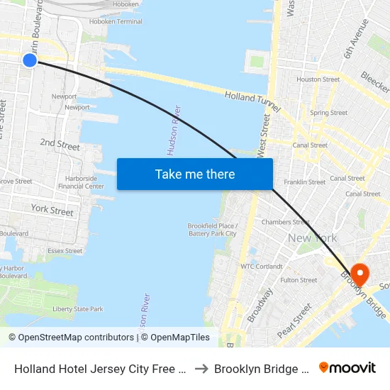 Holland Hotel Jersey City Free Parking to Brooklyn Bridge Prom map