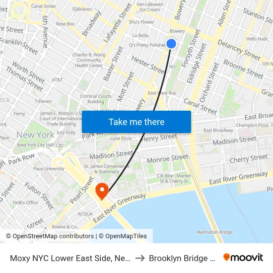Moxy NYC Lower East Side, New York to Brooklyn Bridge Prom map