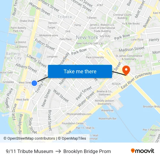 9/11 Tribute Museum to Brooklyn Bridge Prom map