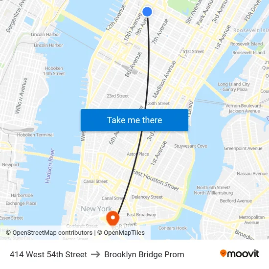 414 West 54th Street to Brooklyn Bridge Prom map
