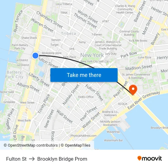 Fulton St to Brooklyn Bridge Prom map