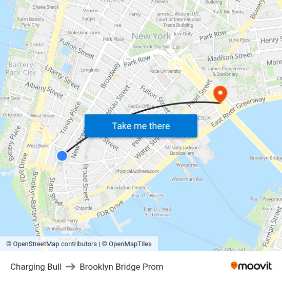 Charging Bull to Brooklyn Bridge Prom map