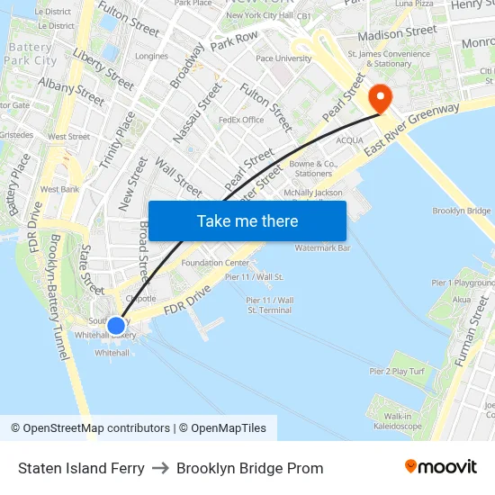 Staten Island Ferry to Brooklyn Bridge Prom map