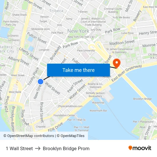 1 Wall Street to Brooklyn Bridge Prom map
