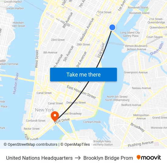 United Nations Headquarters to Brooklyn Bridge Prom map