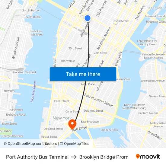 Port Authority Bus Terminal to Brooklyn Bridge Prom map