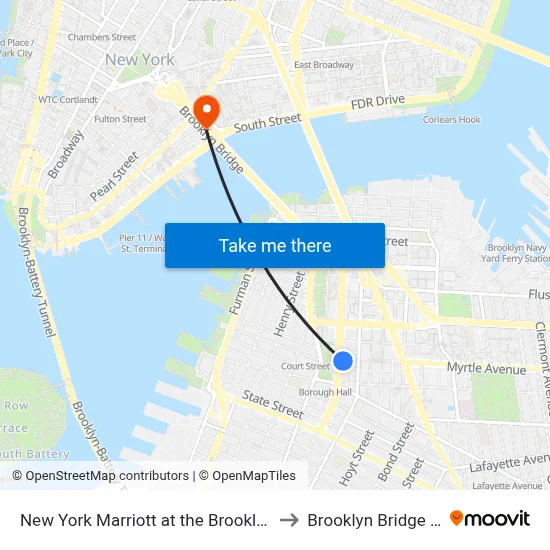 New York Marriott at the Brooklyn Bridge to Brooklyn Bridge Prom map