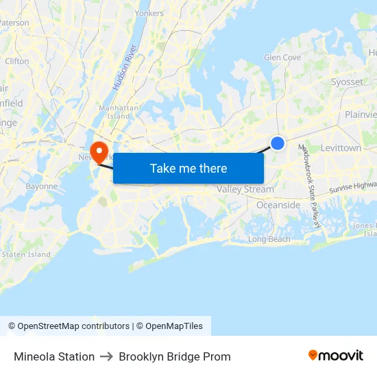 Mineola Station to Brooklyn Bridge Prom map