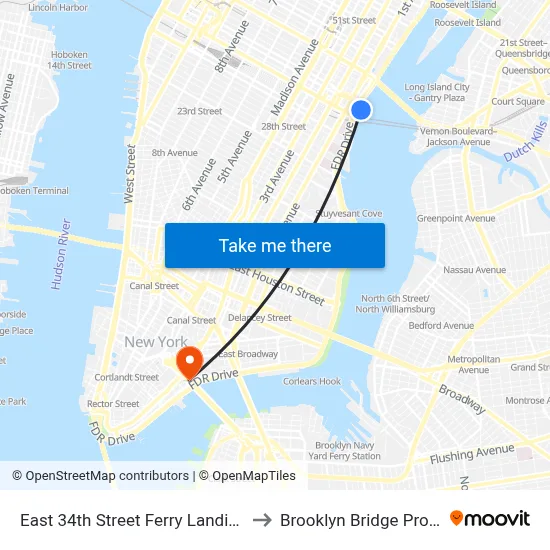 East 34th Street Ferry Landing to Brooklyn Bridge Prom map