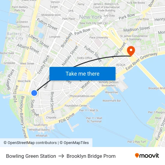 Bowling Green Station to Brooklyn Bridge Prom map