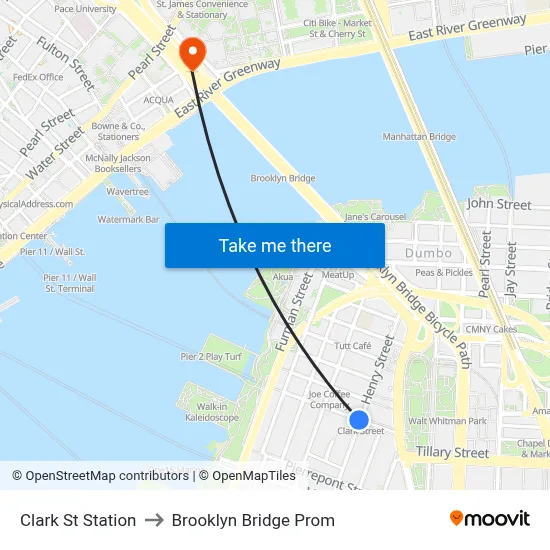 Clark St Station to Brooklyn Bridge Prom map
