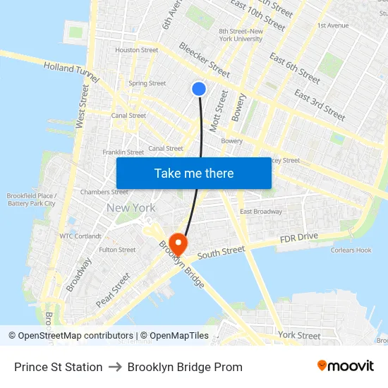 Prince St Station to Brooklyn Bridge Prom map