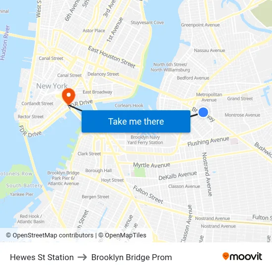 Hewes St Station to Brooklyn Bridge Prom map