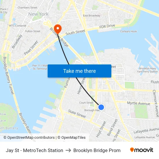 Jay St - MetroTech Station to Brooklyn Bridge Prom map