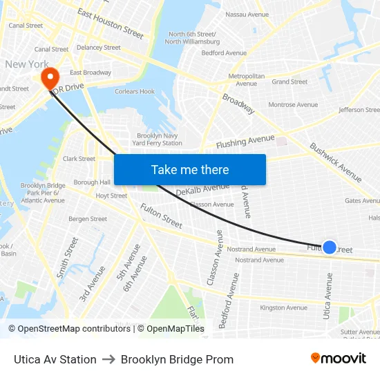 Utica Av Station to Brooklyn Bridge Prom map