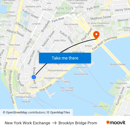 New York Work Exchange to Brooklyn Bridge Prom map