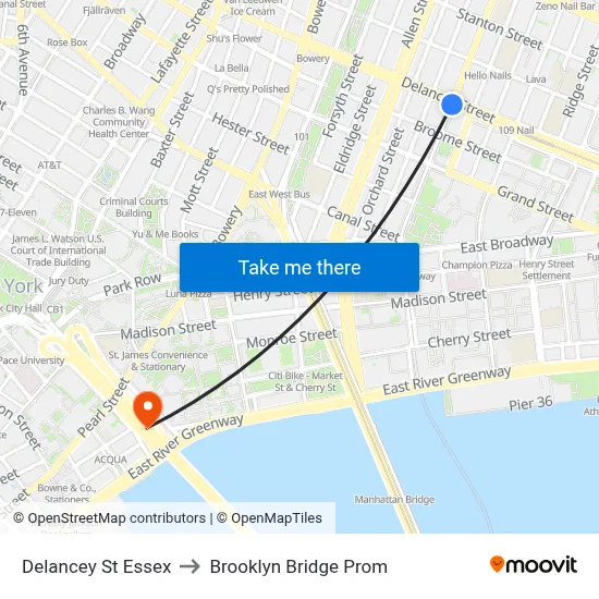 Delancey St Essex to Brooklyn Bridge Prom map