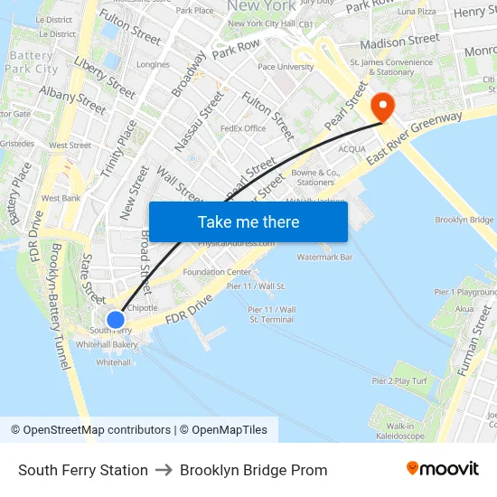 South Ferry Station to Brooklyn Bridge Prom map
