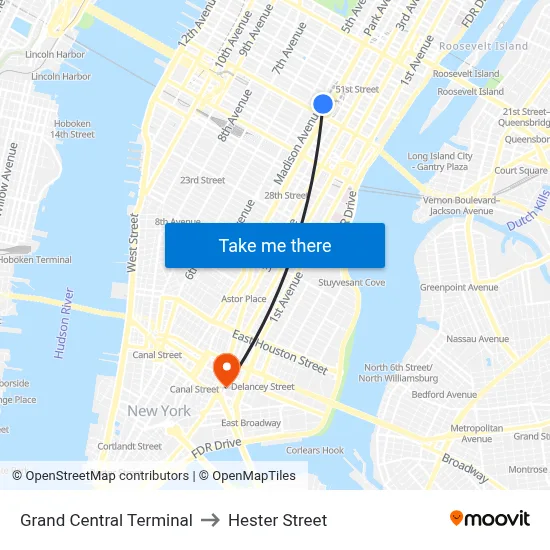 Grand Central Terminal to Hester Street map