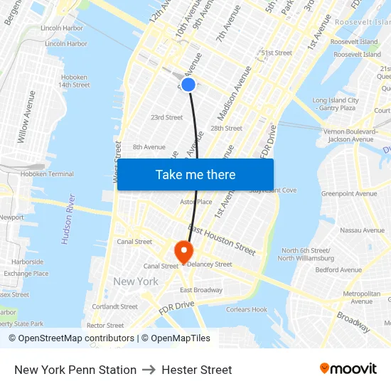 New York Penn Station to Hester Street map