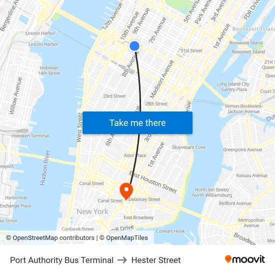Port Authority Bus Terminal to Hester Street map