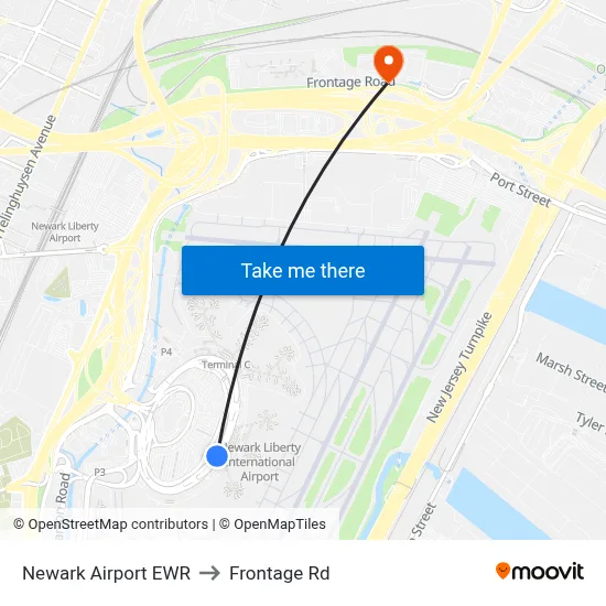 Newark Airport EWR to Frontage Rd map