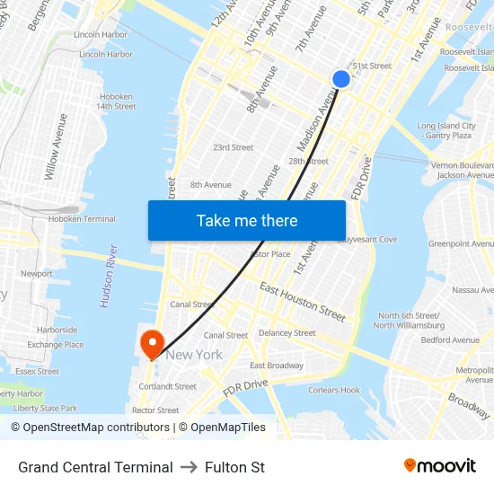 Grand Central Terminal to Fulton St map