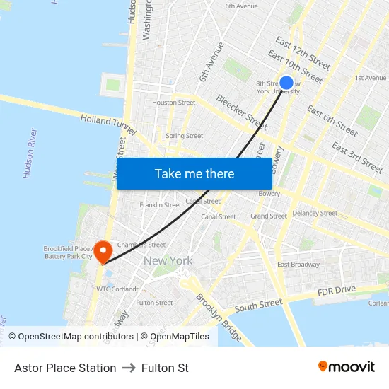 Astor Place Station to Fulton St map