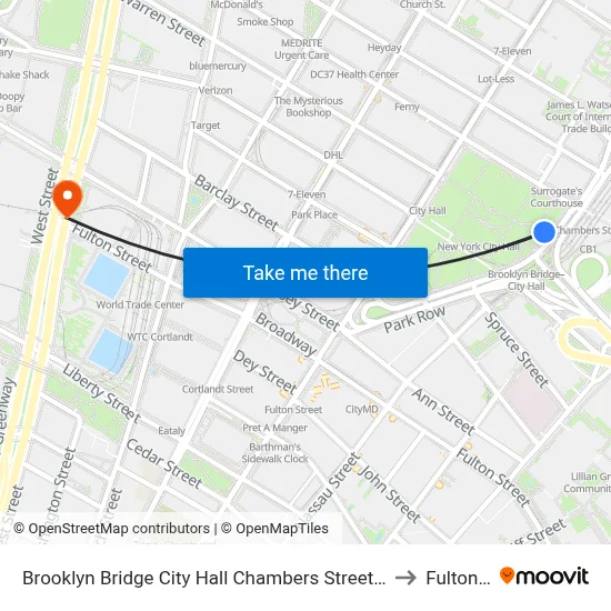 Brooklyn Bridge City Hall Chambers Street Station to Fulton St map