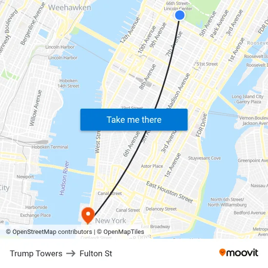 Trump Towers to Fulton St map