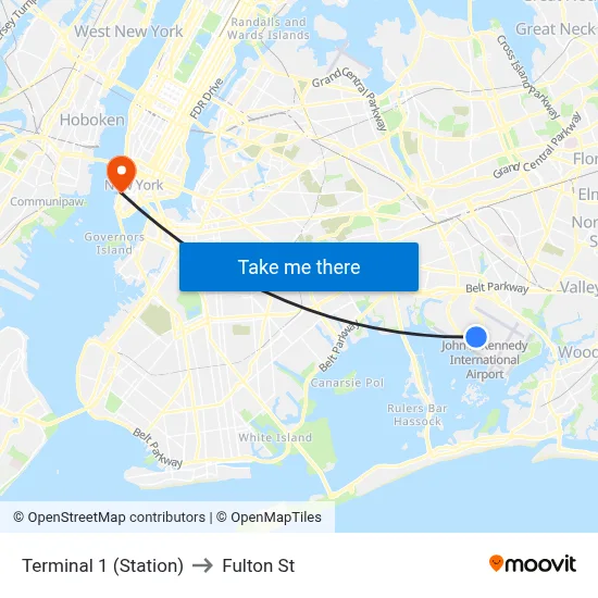 Terminal 1 (Station) to Fulton St map