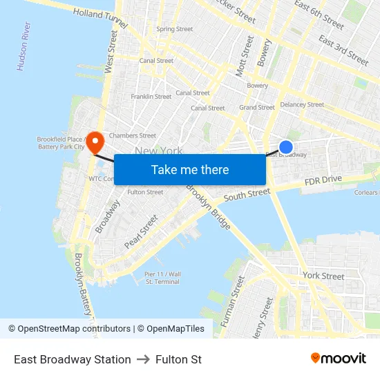 East Broadway Station to Fulton St map